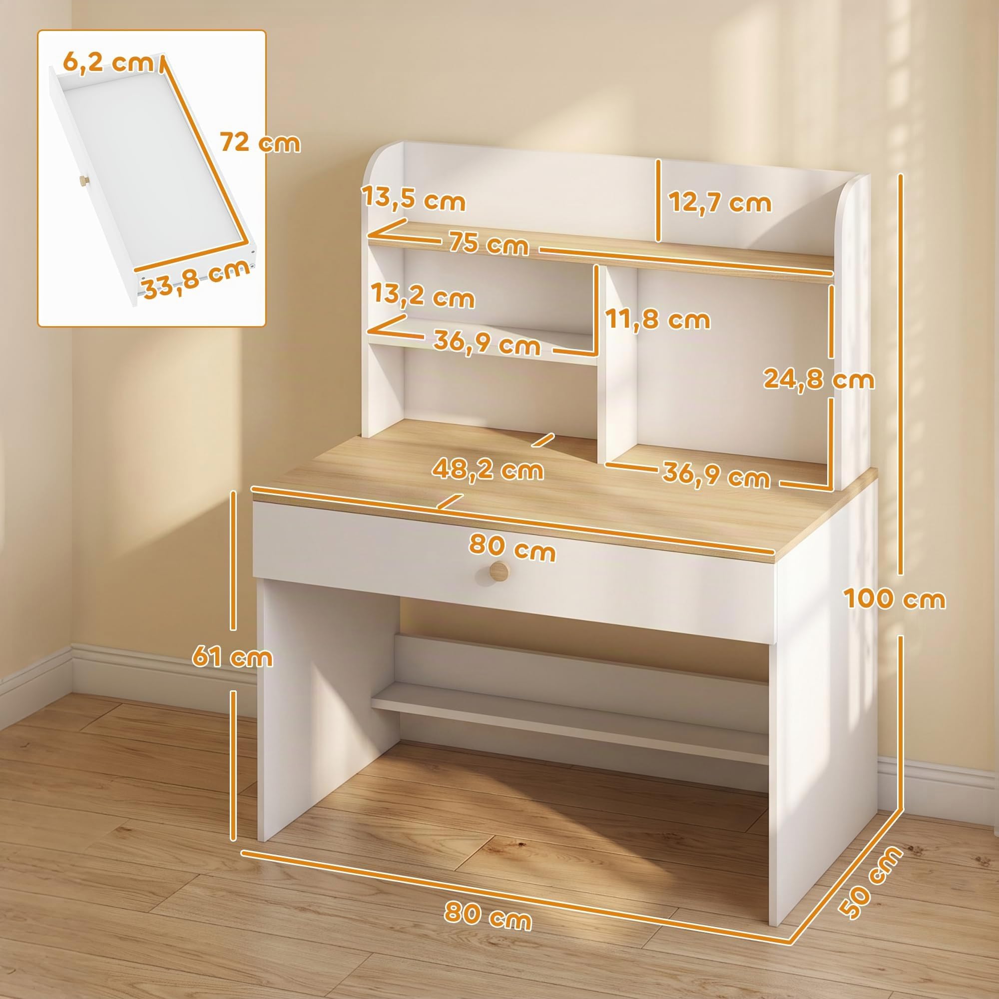 AIYAPLAY Bureau Enfant en Bois avec Rangement Plateau Large Blanc