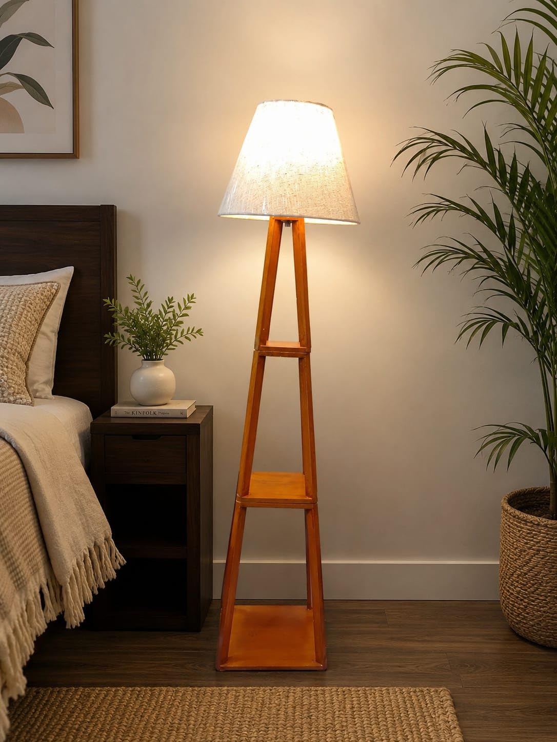 Wooden Tripod Floor Lamp with Linen Fabric Shade & Built-in Shelves | Modern Standing Lamp with Foot Switch | Solid Wood Floor Light for Living Room, Bedroom & Office (Warm Wood Finish)-image-27