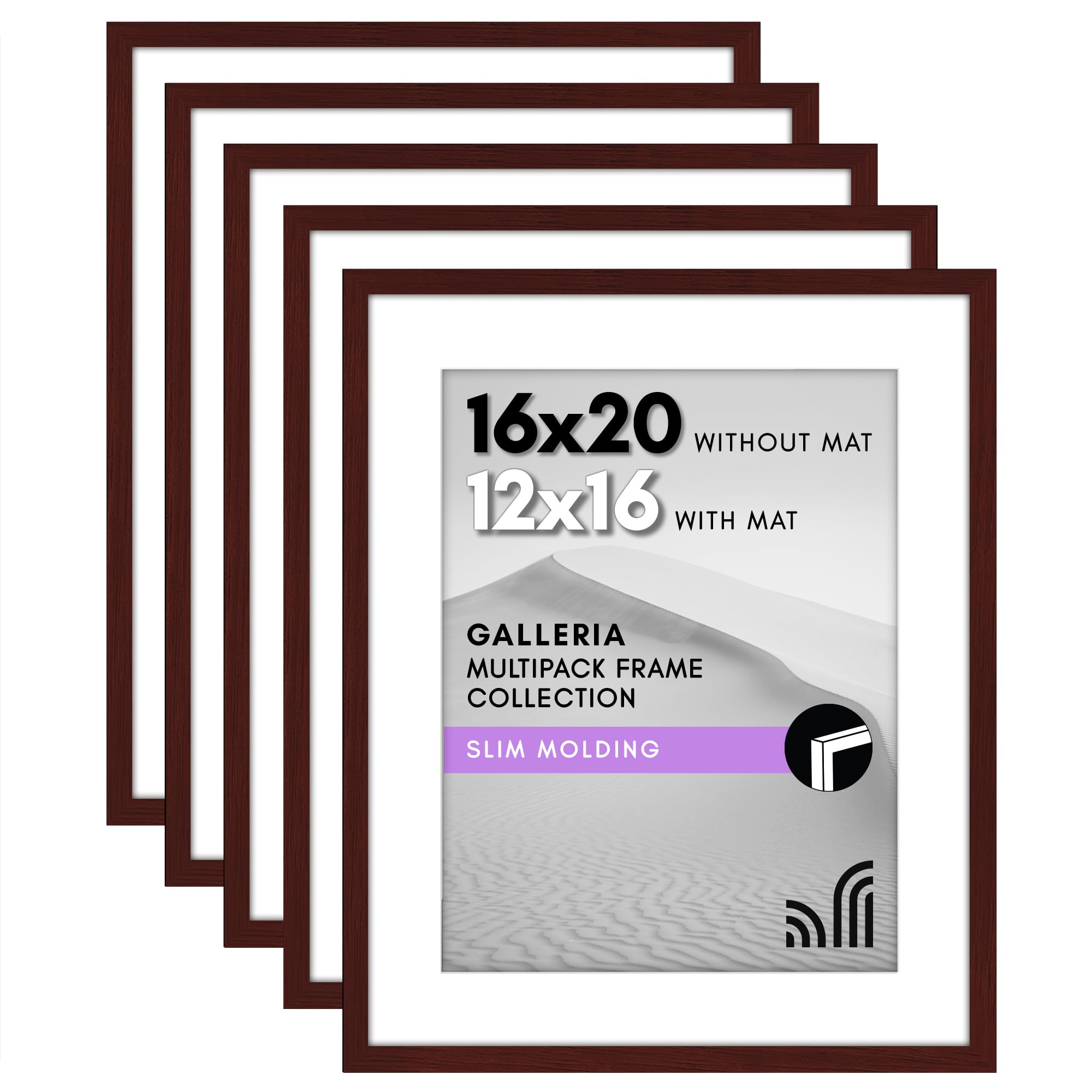 Americanflat 16x20 Picture Frame with Polished Plexiglass - Set of 5 - Use as 12x16 Frame with Mat or 16x20 Frame Without Mat - Galleria Collection - Gallery Frames for Wall Display - Mahogany — image 1