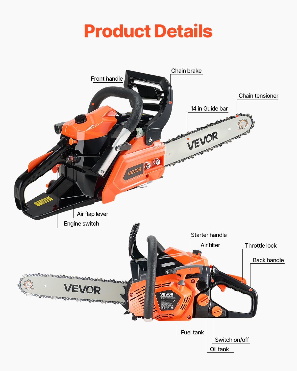 VEVOR Motosierra de Gasolina de 355 mm, Motosierra de Gasolina de 40 cc, 1,8 HP con Mango Antideslizante, Doble Depósito de Combustible, Ideal para Cortar Madera, Podar Árboles y Limpiar Terrenos
