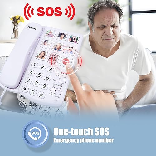 Miniatura 4 de Teléfono de botón grande para personas mayores, teléfono fijo con cable con función manos libres y 9 grupos de memoria, marcación de un solo toque,