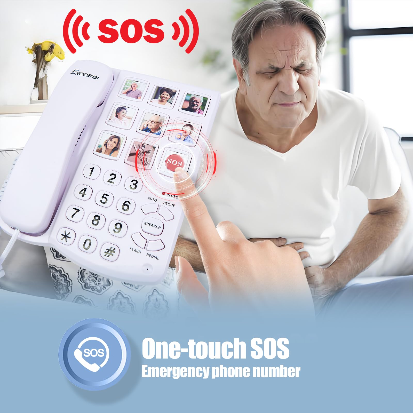 Telefono fisso con grande pulsante per anziani, con funzione vivavoce e 9 gruppi di memoria, composizione one-touch, adatto per persone con disturbi della vista/danni all'udito (EX-LD-858HF)
