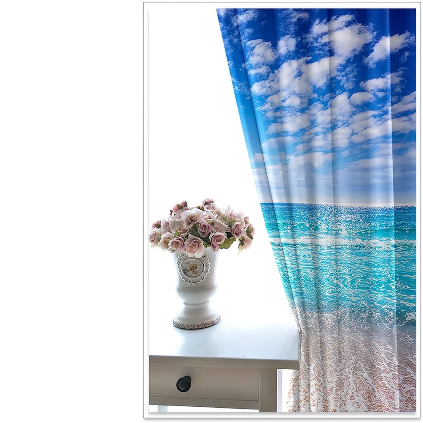 Rideau Boheme, Rideaux de Cuisine Moderne Bleu Beige Paysage de Plage avec Vagues de La Mer Polyester 2 Panneaux 488x229cm