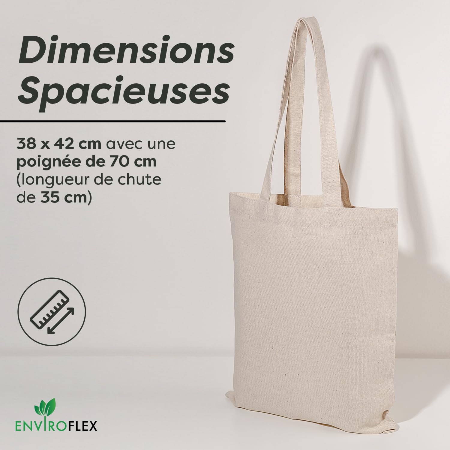 Sacs fourre-tout en toile 100% coton 38 x 42 cm réutilisables avec longues poignées