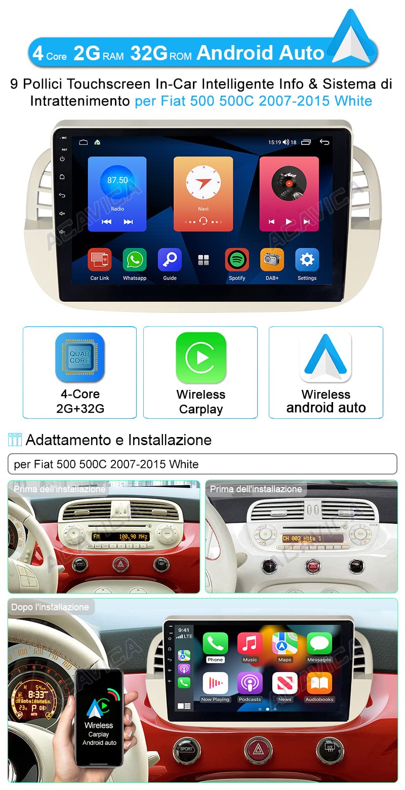 ACAVICA Autoradio per Fiat 500 2007-2015 Android 14 2+64GB Car Stereo con Schermo Wireless Carplay Touch Screen Radio GPS Navi Bluetooth DSP WiFi RDS (Bianco)
