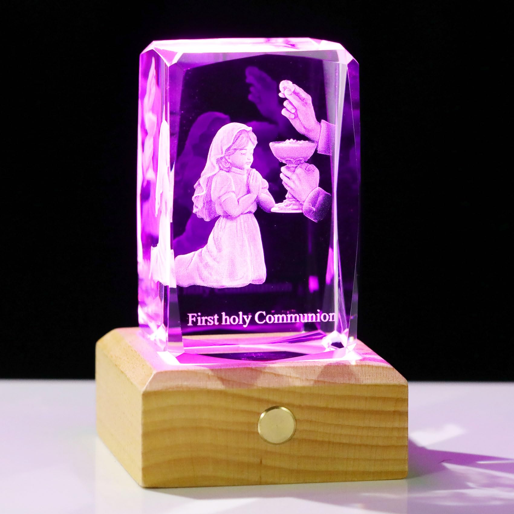Statue de première communion chrétienne en verre avec base lumineuse, cadeau religieux idéal