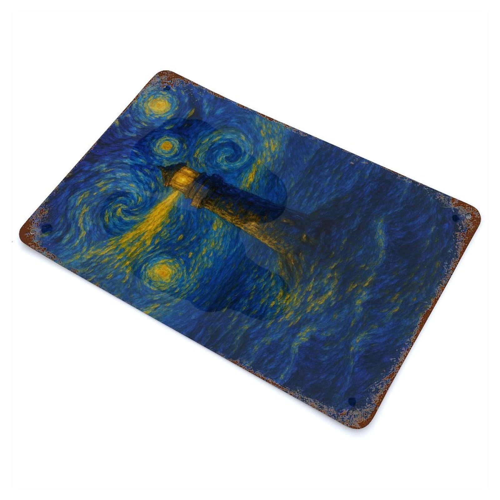 Lighthouse Under Starry Night Sky 11.8"x7.9" Rust Effect Tin Sign, Industrial Home Decor for Living Room, Hallway And Home Decor