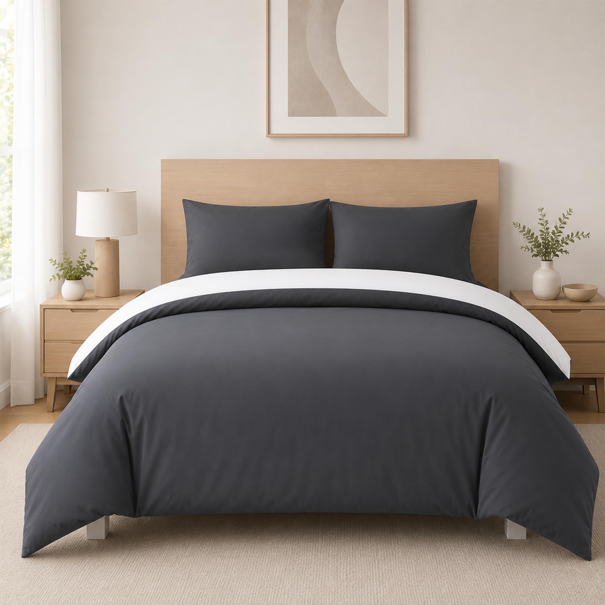K&A Reversible Duvet Cover Set, Dark Grey & White, Super King Brushed Microfibre Bedding Set with Fitted Sheet and Pillowcases, 260 x 220 cm, Soft Easy Care Machine Washable