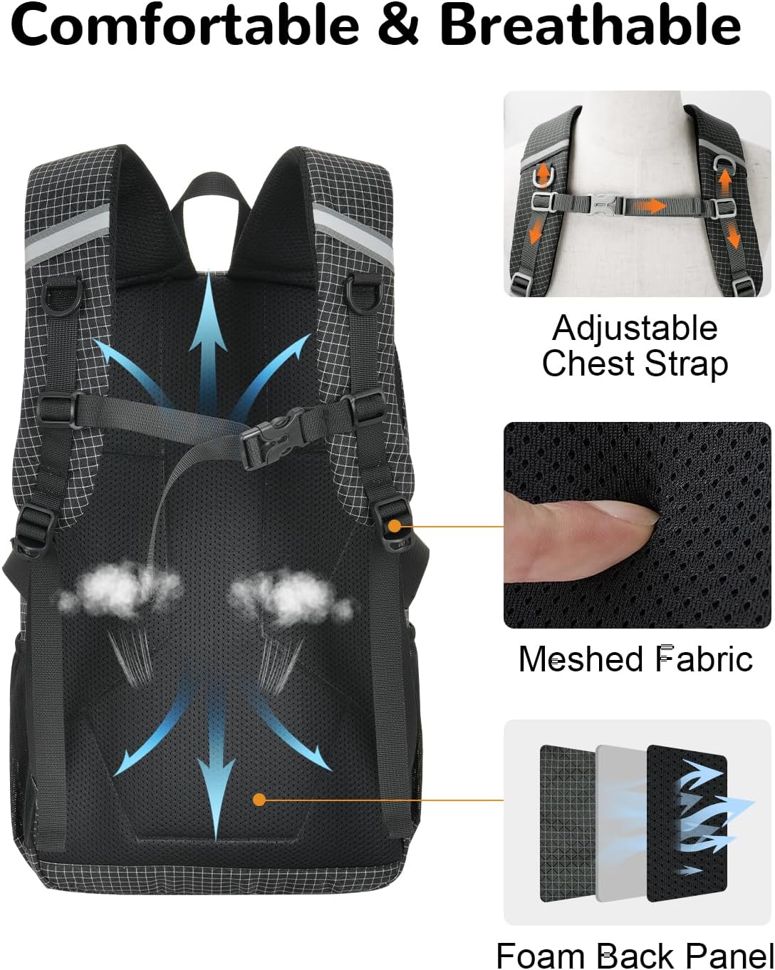 20L Small Waterproof Hiking Backpack Men, Lightweight Small Travel Backpack for Outdoor, Black