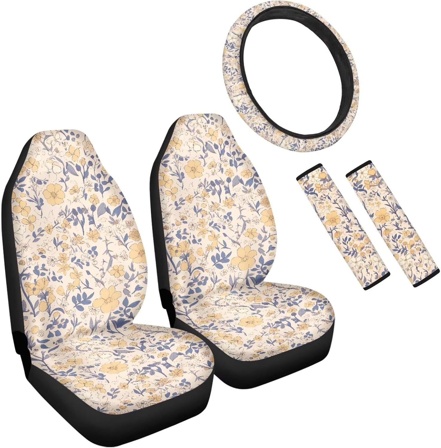 Cartoon Lemon Floral Print Universal Car Seat Covers of 5 Pcs Set Cute Yellow Lemons Steering Wheel Cover Front Seat Cover Universal Automotive Interior Covers