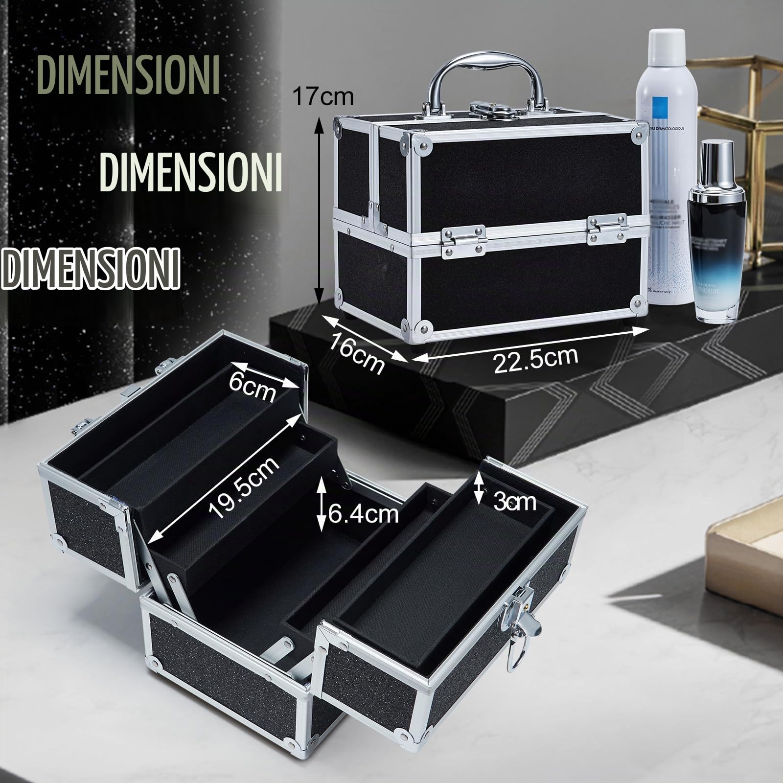 Valigetta Trucco Valigetta Cosmetici Vuota Beauty Case con serratura Valigetta Manicure Portagioielli Trousse Trucchi, Nero