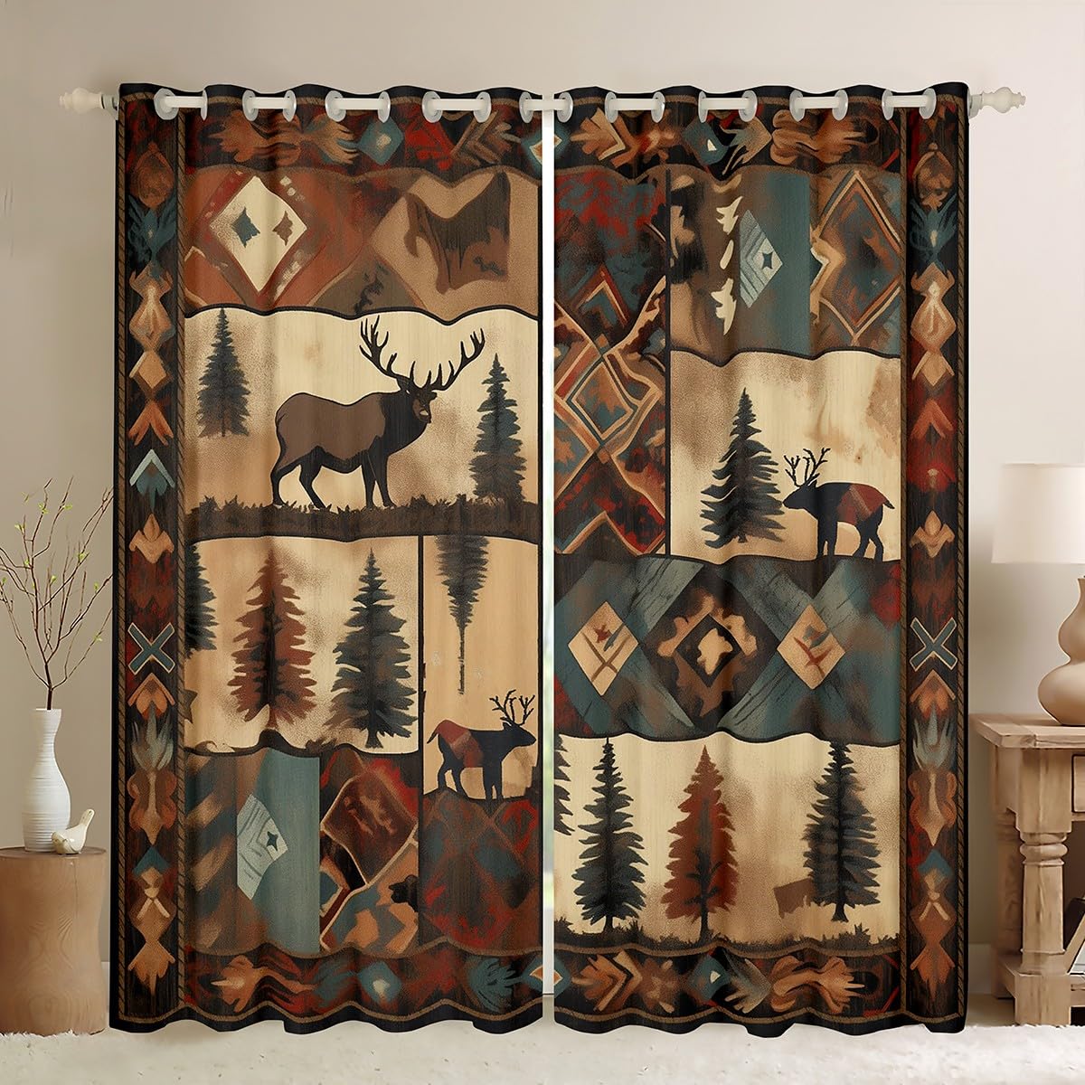 Feelyou Deer Darkening Dreapes (2 Panels, 38 x 45 Inch) Wild Animal Curtains for Bedroom Living Room Kids Decor Checkerboard 30%-50% Room Darkening Blackout Curtain Drak Brown Window Treatments