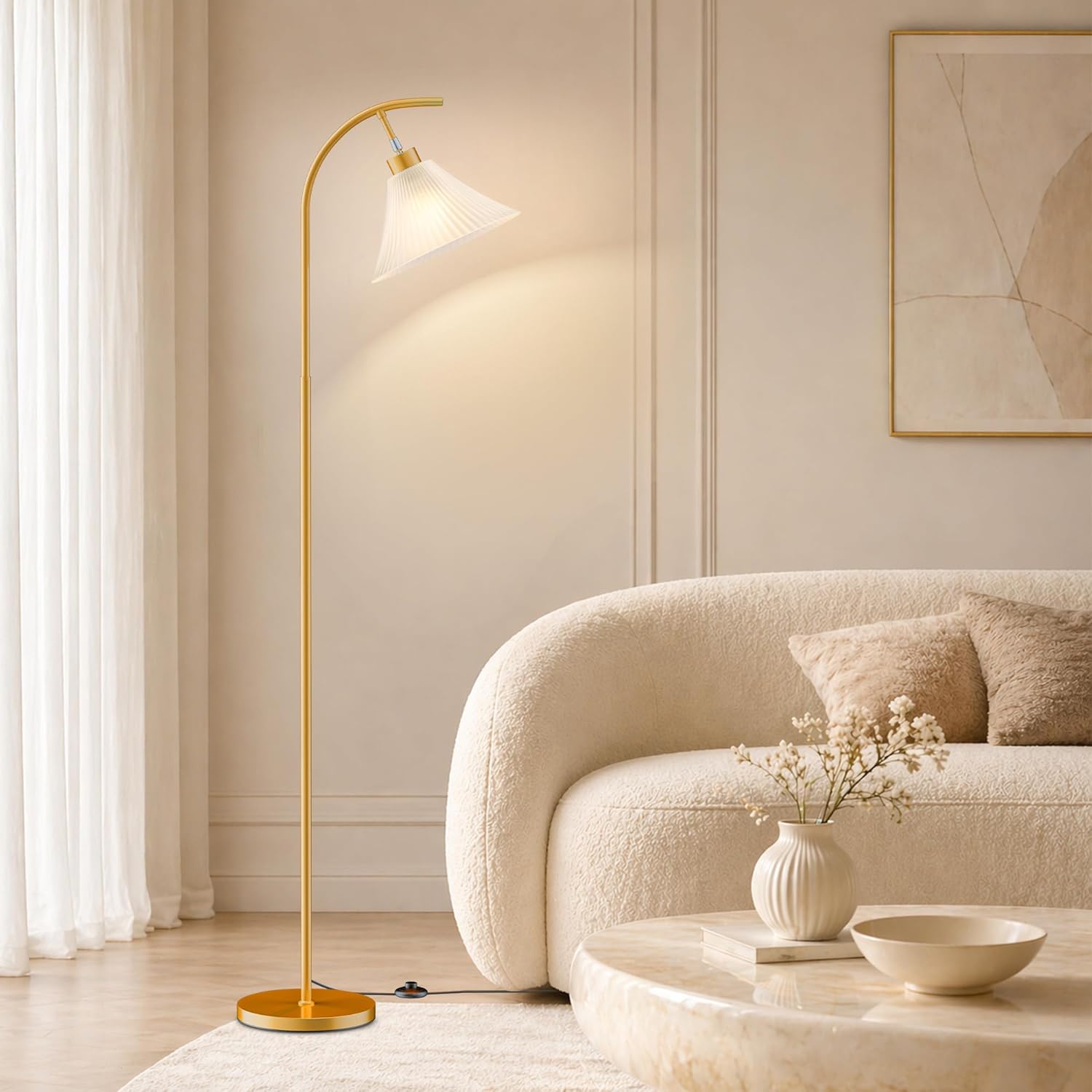 SIBRILLE Glass Floor Lamp, Dimmable Gold Standing Lamp with Remote Control & 3 Color Temperatures, Modern Arc Floor Lamps for Living Room Bedroom Office Corner, 9W LED Bulb Included