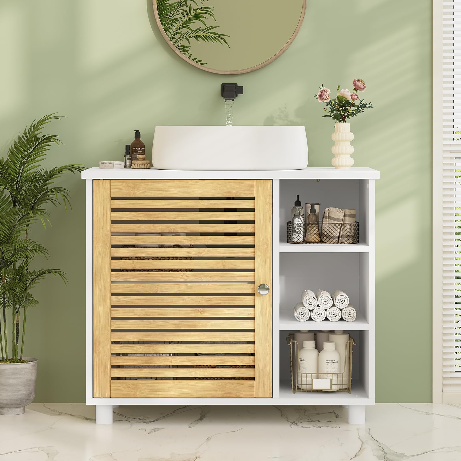 Waschbeckenunterschrank, Badezimmerschrank mit Bambustüren, 3 offene Fächer, viel Stauraum, Freistehend Badschrank Unterschrank, 62 x 30 x 60 cm