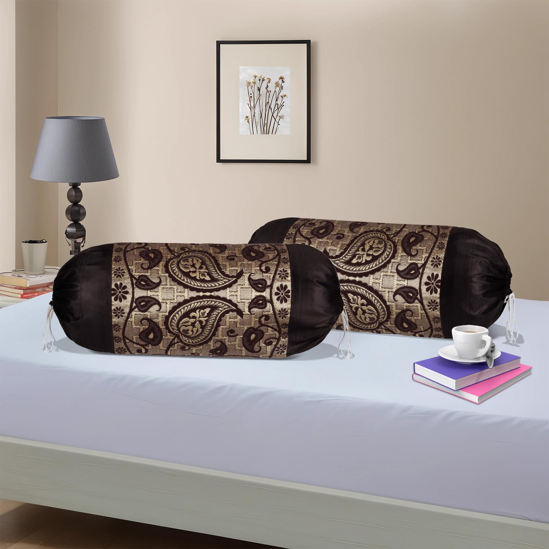 Kuber Industries 2 Pcs Aesthetic Bolster/Side Pillow Cover with Dori for Sofa & Diwan | Washable Cylindrical Takiya & Round Pillow Cover for Home Decor | Leaf Design - Golden Brown