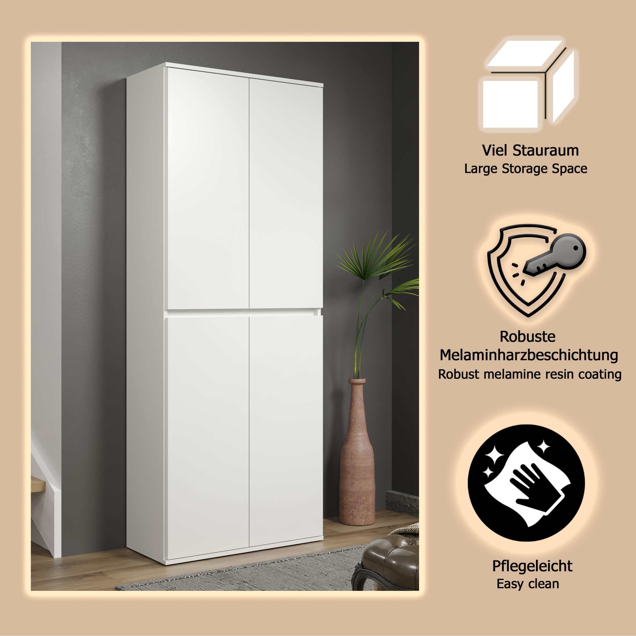 trendteam smart living - Nevada - Mehrzweckschrank - Weiß - Schrank mit 4 Türen, 6 Einlegeböden und 1 Kleiderstange - (BxHxT) 74 x 191 x 34 cm - grifflose Türen