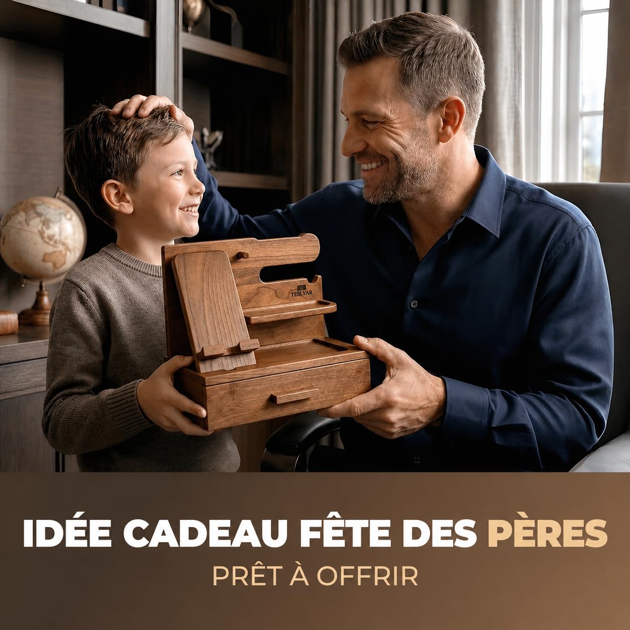 TESLYAR Station d'accueil pour téléphone en bois avec tiroir, organisateur de table de chevet, organisateur de bureau pour mari, cadeau d'anniversaire pour homme, papa, idée d'anniversaire, porte-clés