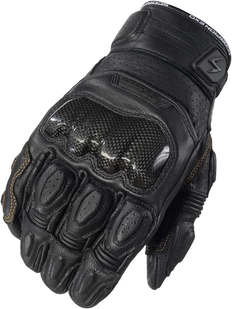 ScorpionEXO SGS MK III Men's Short Cuff Motorcycle Riding Gloves Hook and Loop Carbon Fiber Knuckle Touchscreen Compatible (Black - Large)