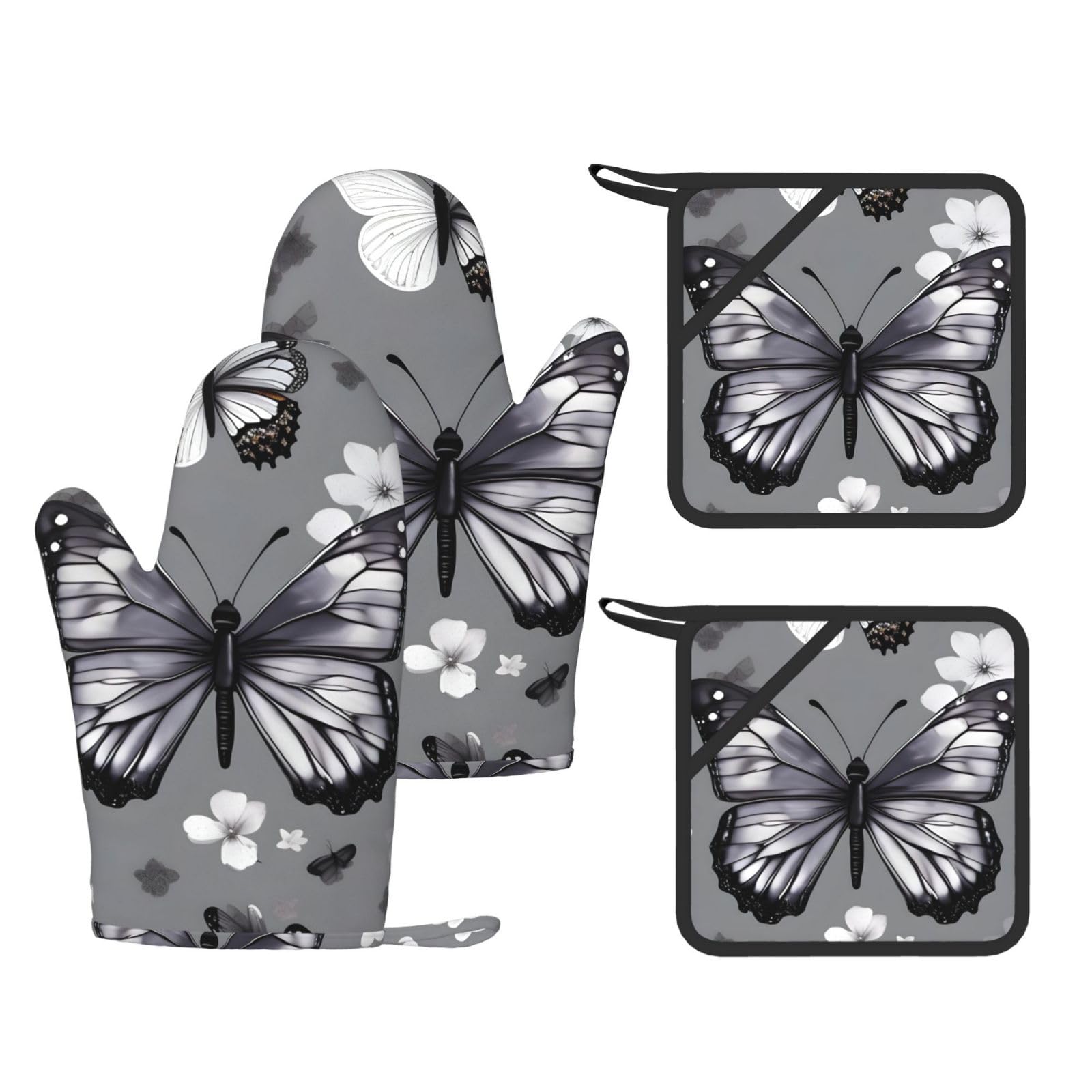 Gants de cuisine et maniques en silicone papillon gris sarcelle x4