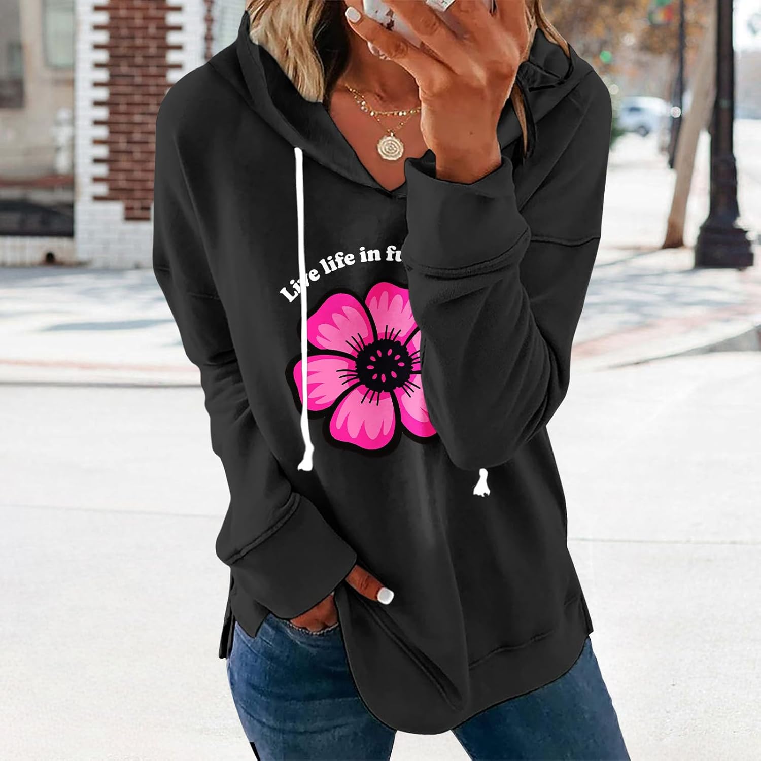 Women's Brown Mandala Print Hoodie Long Sleeve Loose Fit Pullover Sweatshirt With Drawstring For Fall Winter - Image 2