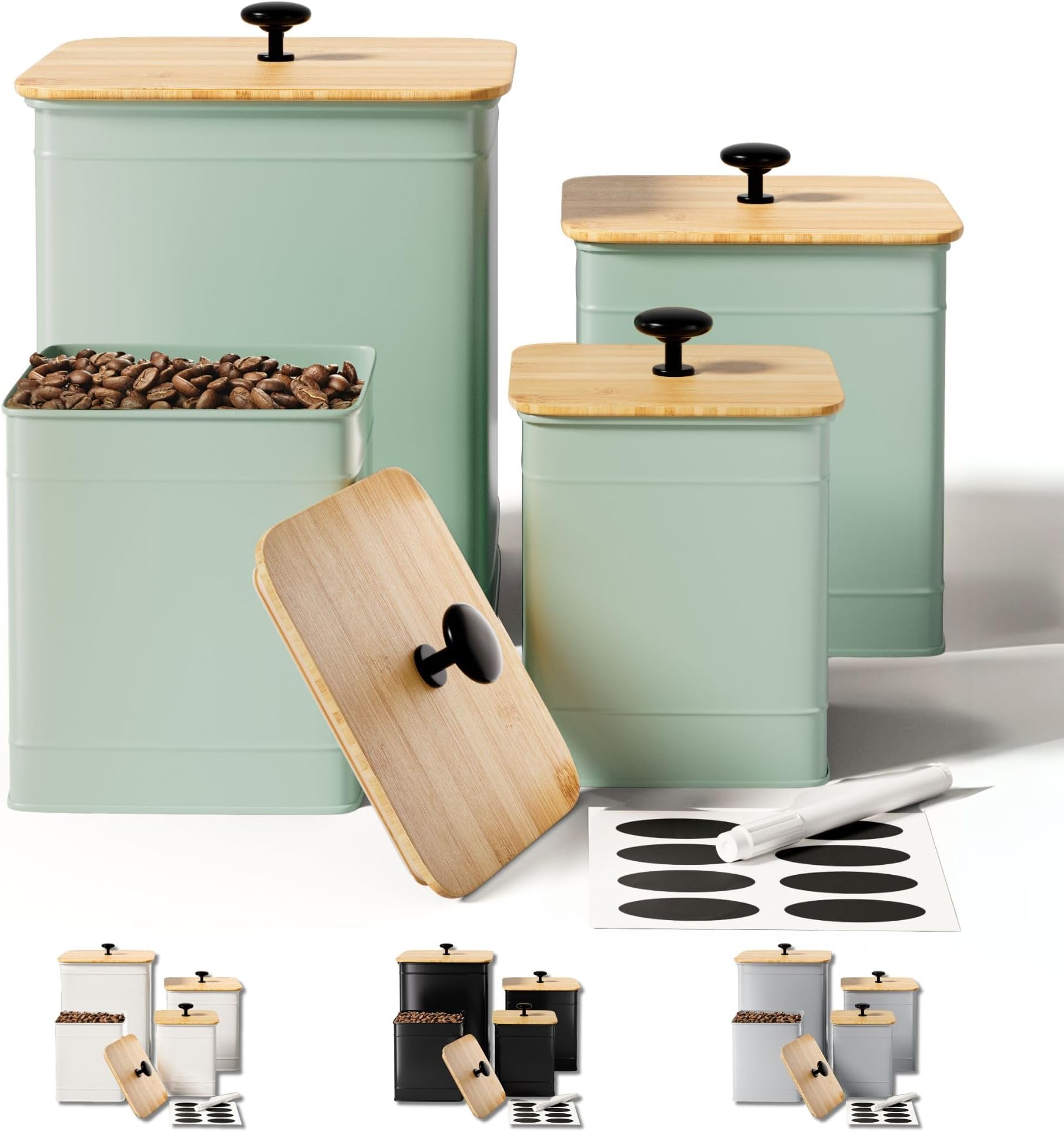 Kitchen Canisters for Countertop Set of 4 with Customizable Chalkboard Labels & Marker Pen - Big Iron Kitchen Canisters with Airtight Lids - Canisters Sets for the Kitchen - Green Kitchen Canister Set