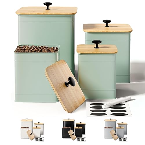 Kitchen Canisters for Countertop Set of 4 with Customizable Chalkboard Labels & Marker Pen - Big Iron Kitchen Canisters with Airtight Lids - Sage Green Canister Set - Flour and Sugar Containers - Sage Green