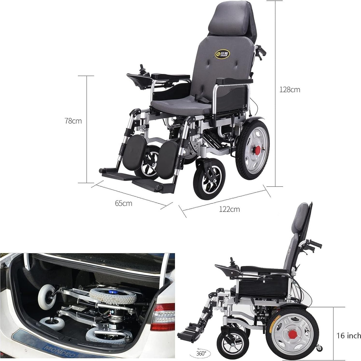 Silla de ruedas reclinable eléctrica para movilidad de ancianos, silla de ruedas plegable con respaldo alto con función de reposo plano para ayuda de discapacitados y scooters