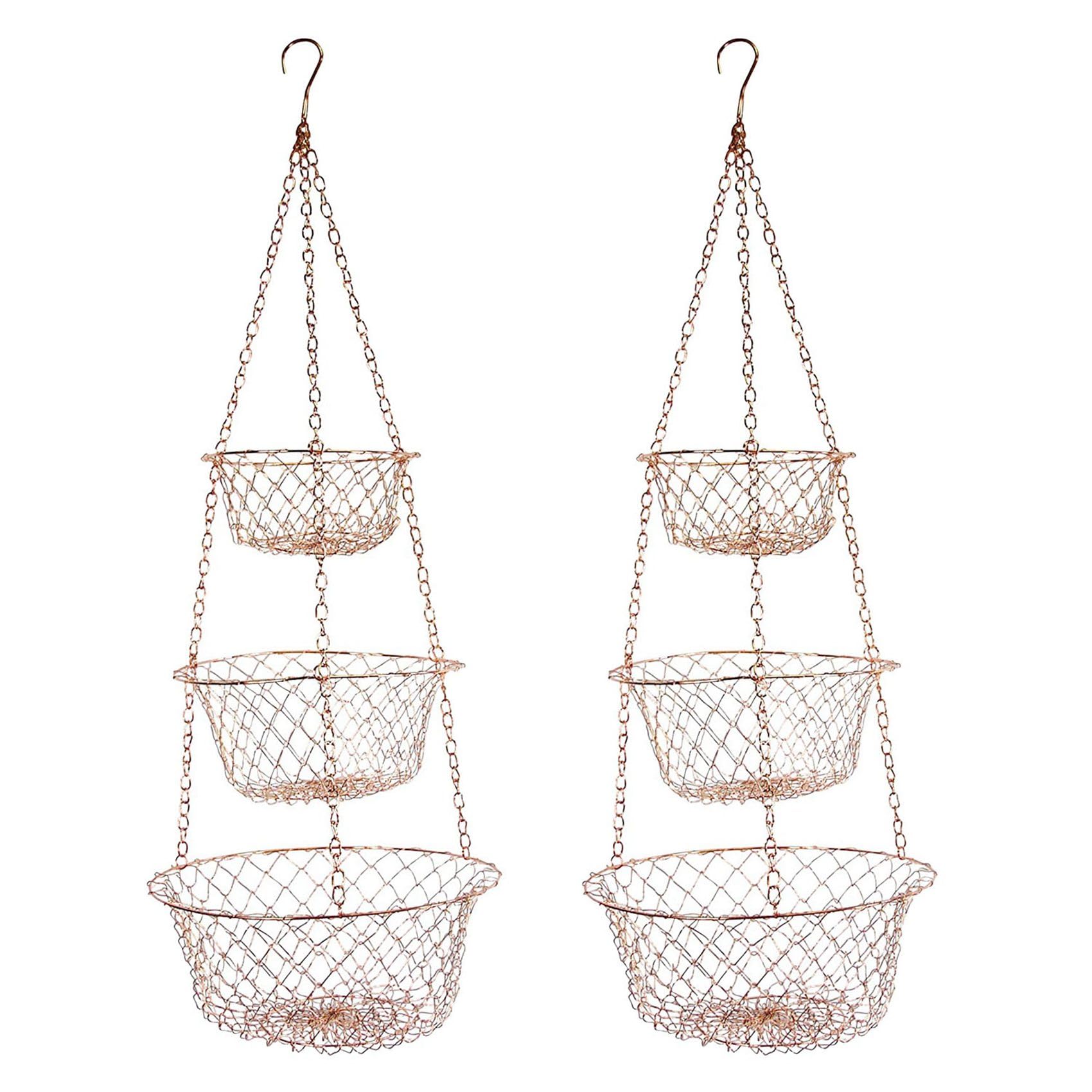 Vjsujehgy 2X 3 Tier Fruit Basket, Vegetable Kitchen Storage Basket Chain Hanging Space Saving Fruits, Plants Basket(Copper)