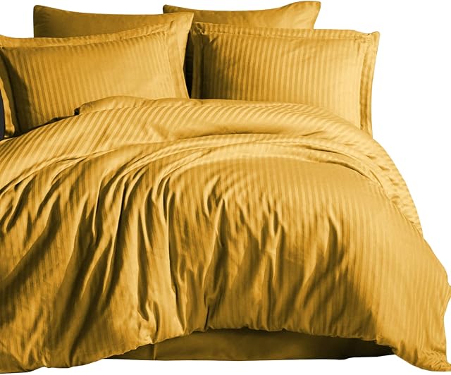 Hafaa Double Duvet Cover Sets - Stripes Satin Microfiber Hotel Quality Quilt Cover Bedding Sets with 2 Matching Pillowcases, Anti-Wrinkle Breathable Reversible (Ochre, Double)