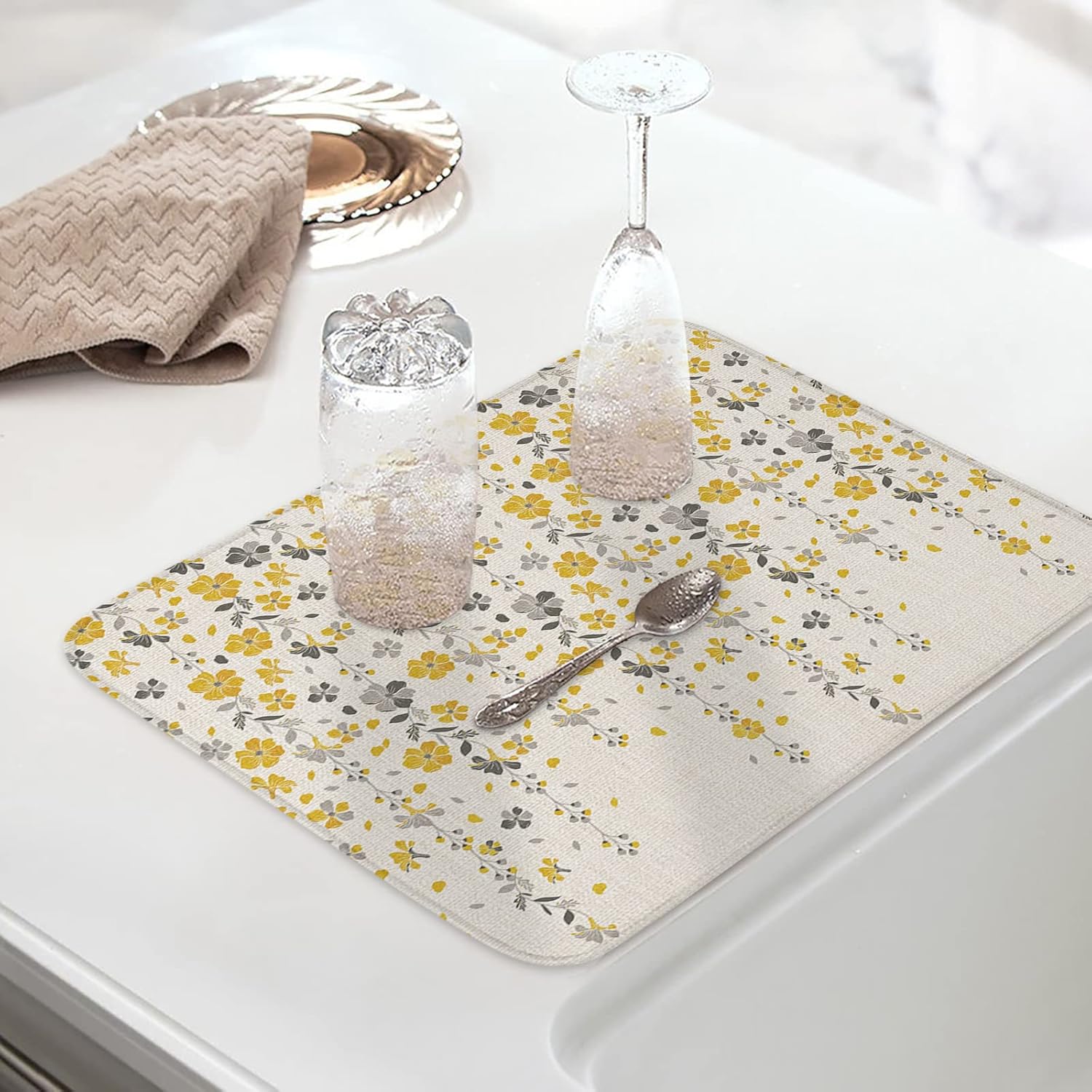 Yellow Grey Florals Dish Drying Mat for Kitchen Counter, Microfiber Rack Pads, Spring Weeping Flowers Linen Texture Absorbent Dish Bottle Drying Mat, 18''x24'', 2 Pack