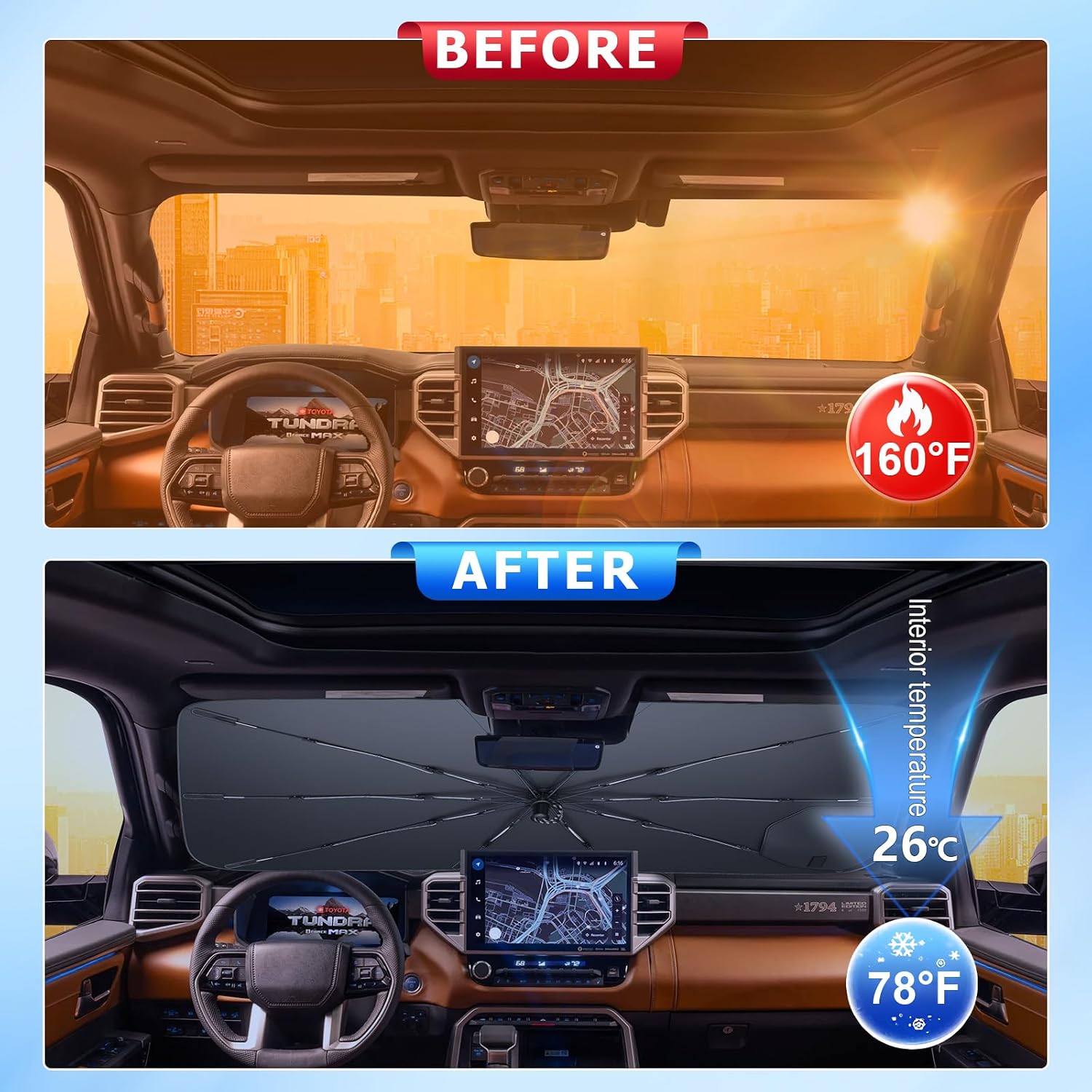 for Windshield Sunshade Umbrella for 2022-2026 Toyota Tundra 3rd Gen Custom Fit Windshield Sun Protector Cover 6-Layer Heat-Resistant Fabric, Ultra-Strong Fiberglass Frame (for 2022-2026 Tundra)
