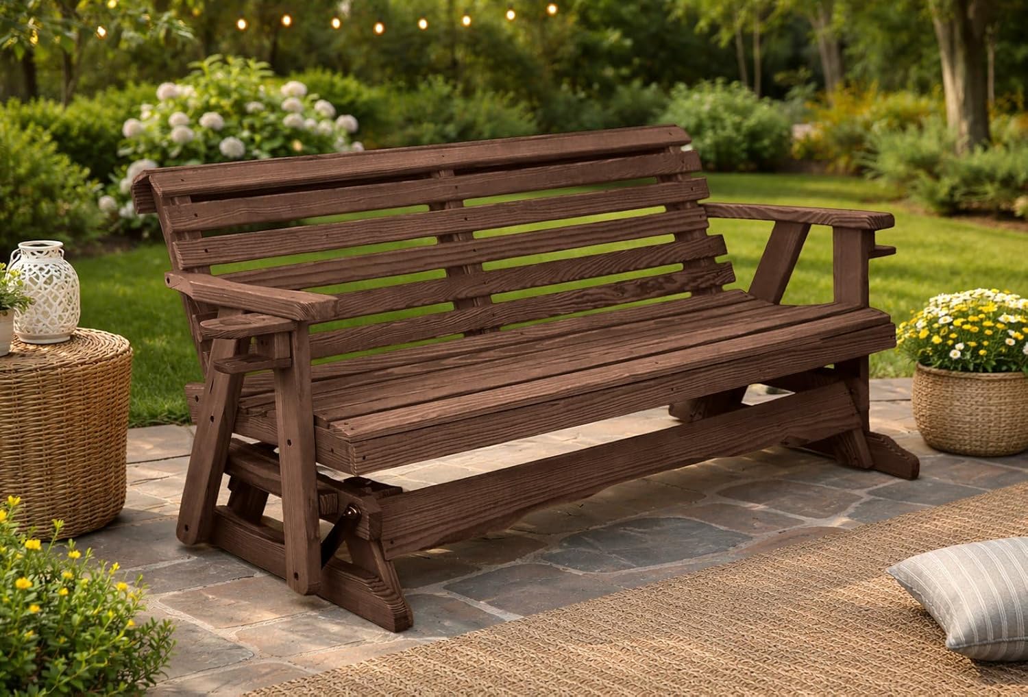 4 FT WALNUT Porch ROLLBACK Glider Cupholders Bench for 2 Person, Amish-Made Pine Wood Patio Glider, Smooth Glide, Balanced Construction, Even Weight Distribution, Relaxed Seating Angle, Made in USA