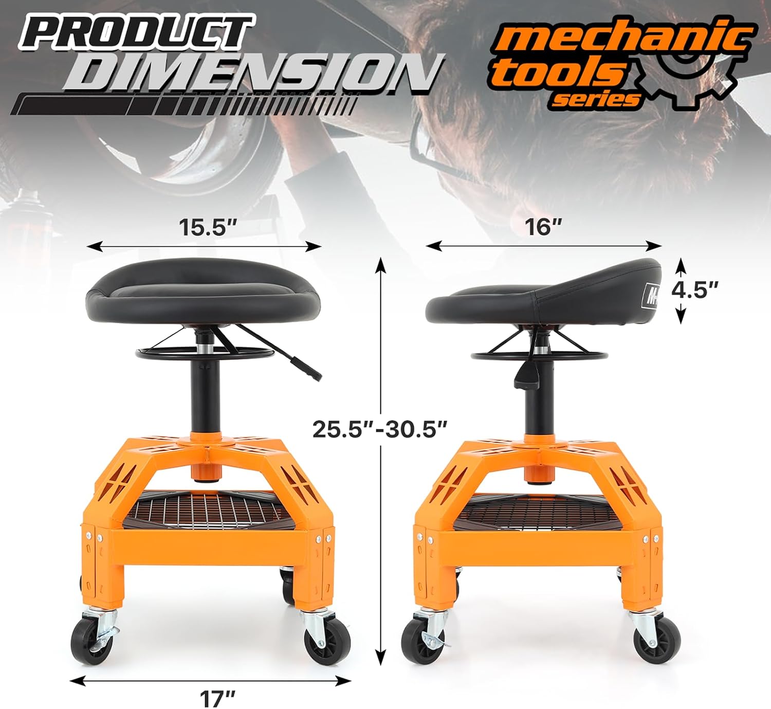 M-AUTO Padded Seat Mechanic Stool with Wheels, 18”-23” Height Adjustable Swivel Mechanics Seat with Tool Organizer Tray for Garage and Garden, 300lbs Capacity