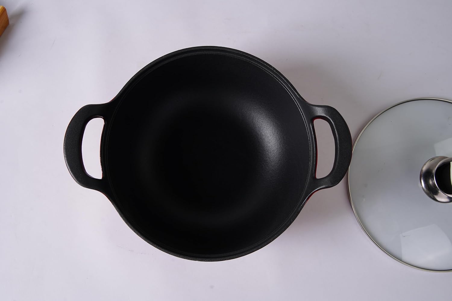 Enameled Cast Iron Balti Dish Pot (Red) with Glass Lid, 3 Quart Medium Casserole Dish, Nonstick Handi Kadai Indian, Asian Wok, Dutch Oven