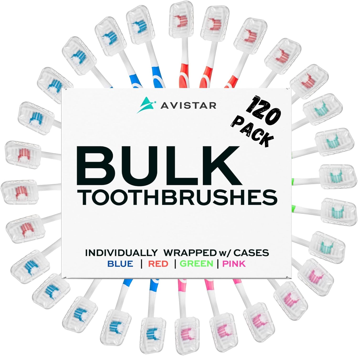 120 Pack Bulk Toothbrushes w/Cover Caps, Individually Wrapped Disposable Travel Toothbrush, Value Size, Long Lasting 3+ Months, Med-Soft Manual Teeth Brush Bristles, 4 Colors (Red Green Blue Pink)