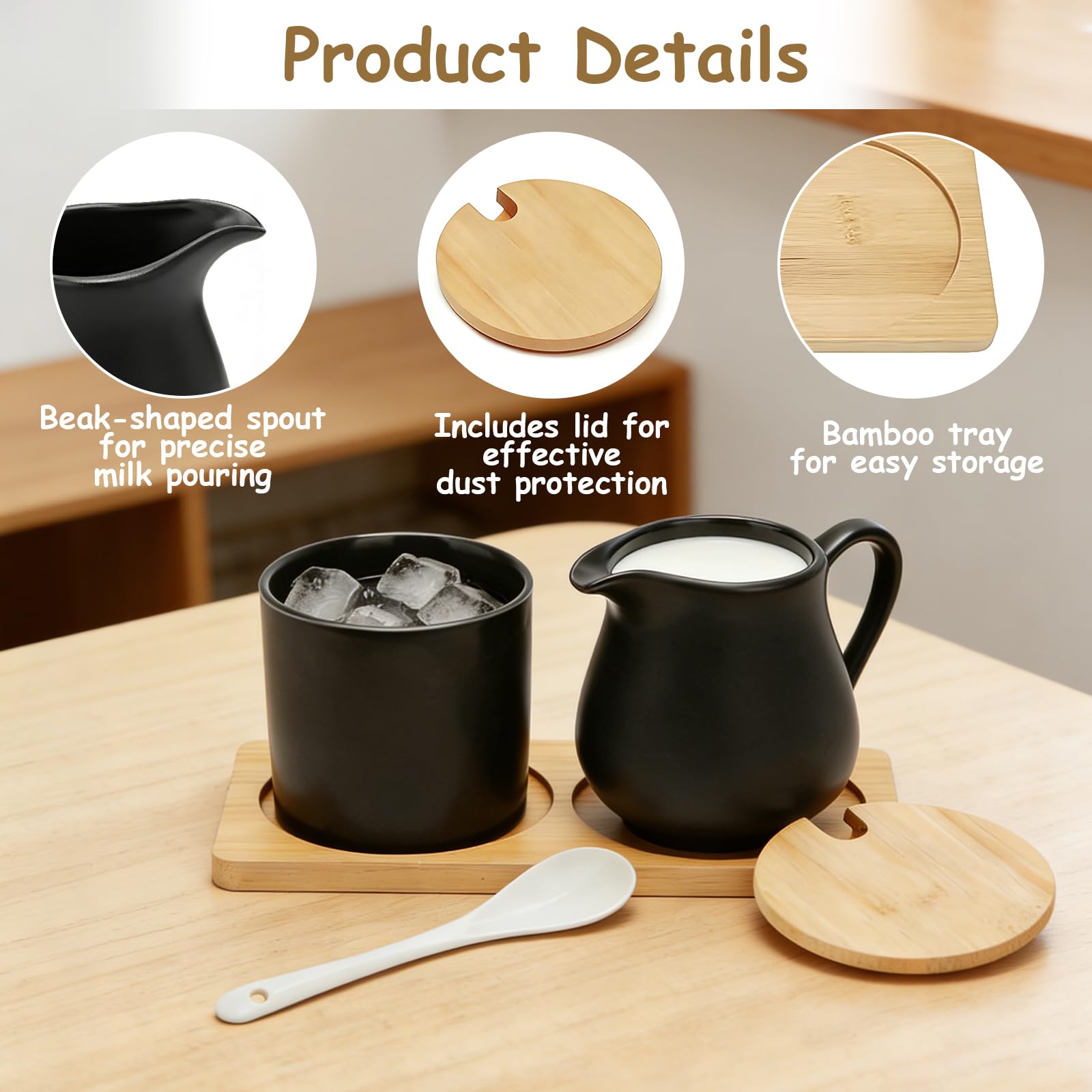 Set per Latte e Zucchero, Zuccheriera con Cucchiaino e Coperchio Lattiera in Ceramica Zuccheriera con Vassoio in Legno Adatto al Microonde e alla Lavastoviglie
