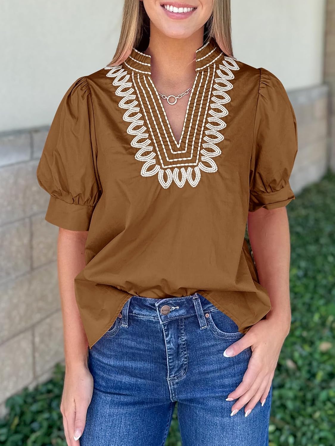 Cicy Bell Womens Puff Short Sleeve Blouses Summer Casual Dressy Embroidered V Neck Tops Loose Fit Tee Shirts - Image 3