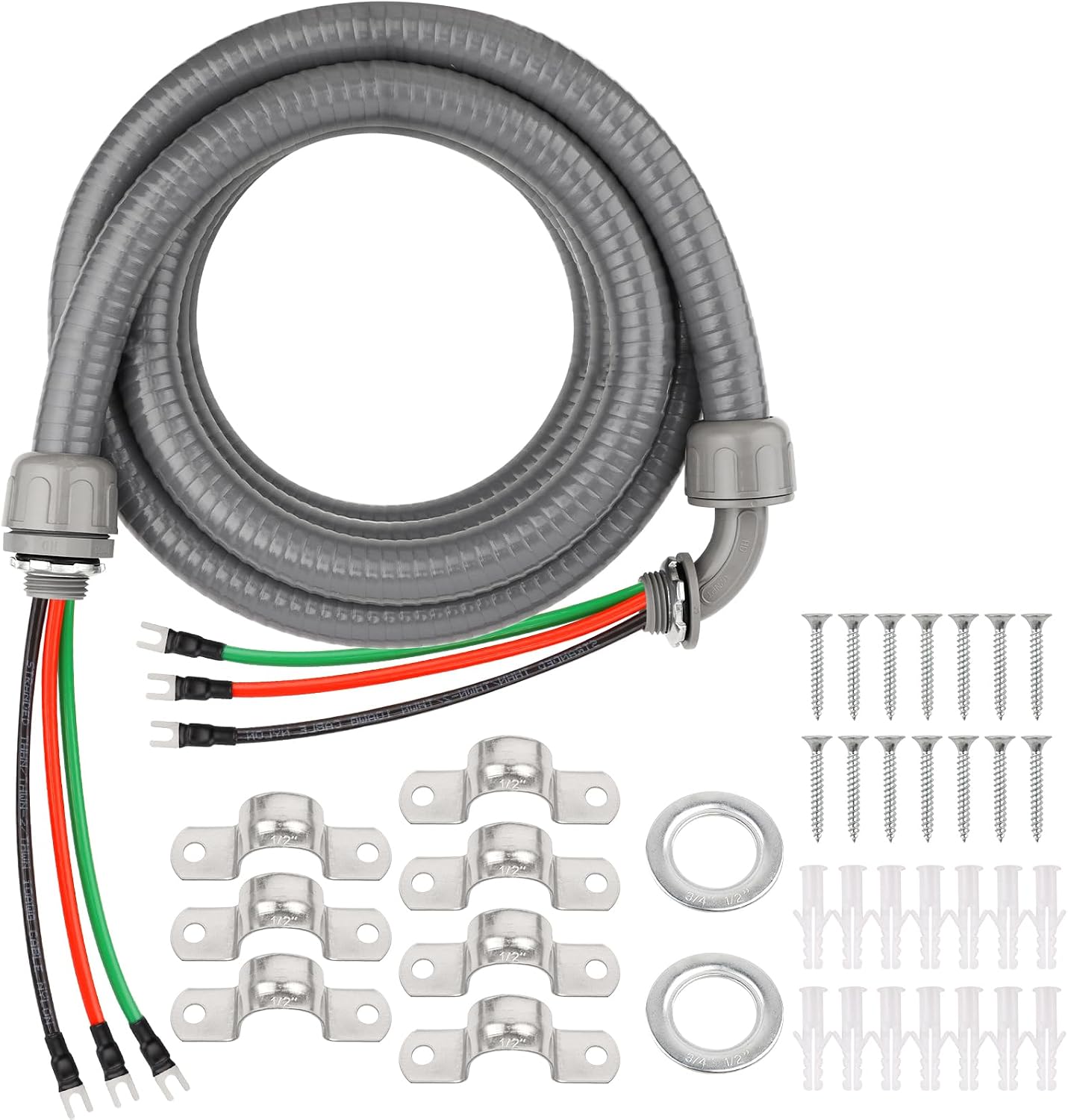 6FT Liquid-Tight Conduit Kit, 1/2" Pre-Wired Electrical Whip with 3×10AWG THHN Copper Wires, Bare Wire Ends, 90° & Straight Connectors, Outdoor HVAC A/C Wiring