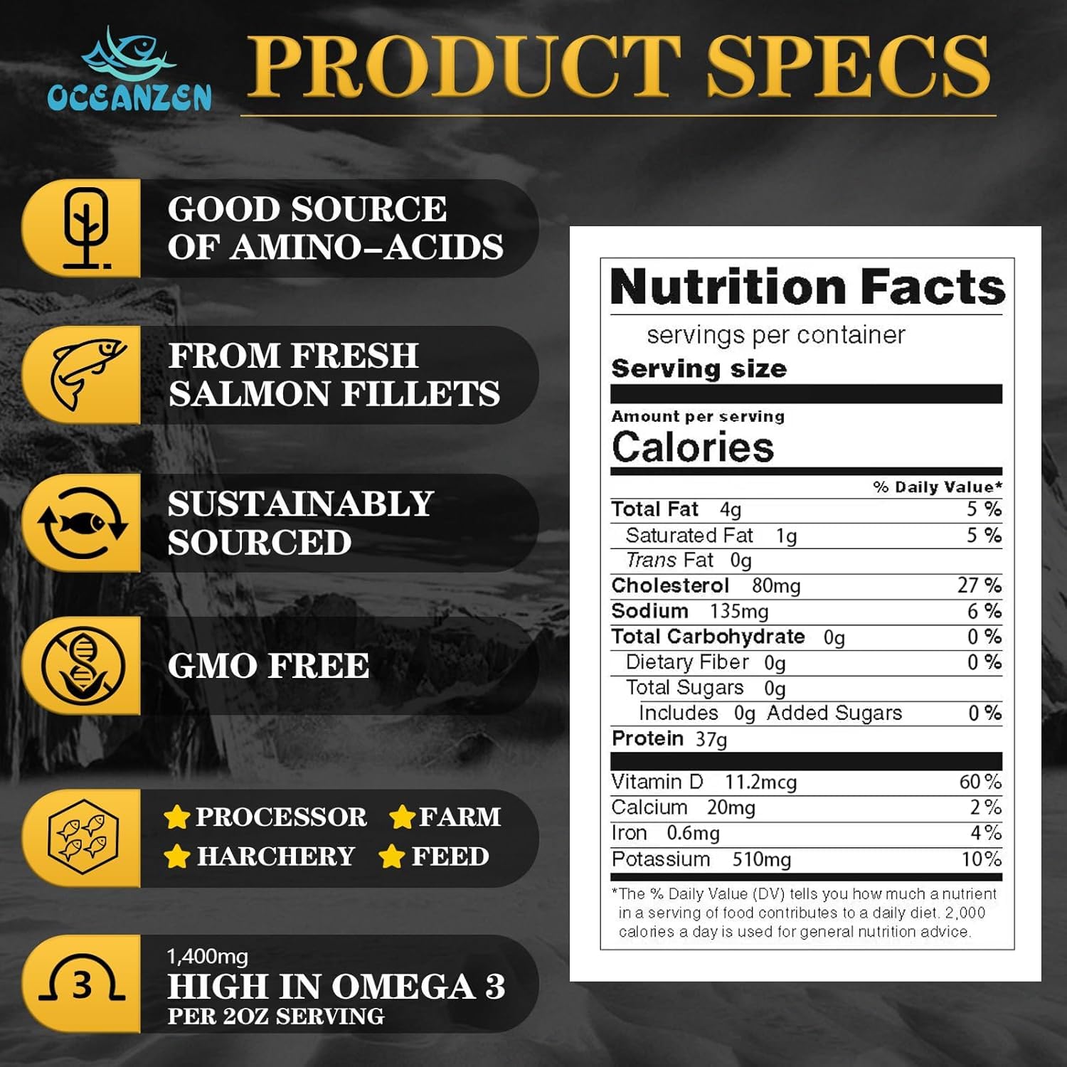 OCEANZEN: Chilean Sea Bass Fillets Wild Caught Premium, Sustainably Sourced Skinless Boneless, 12x8 oz Portions Frozen, for Grilling Baking (6lbs)