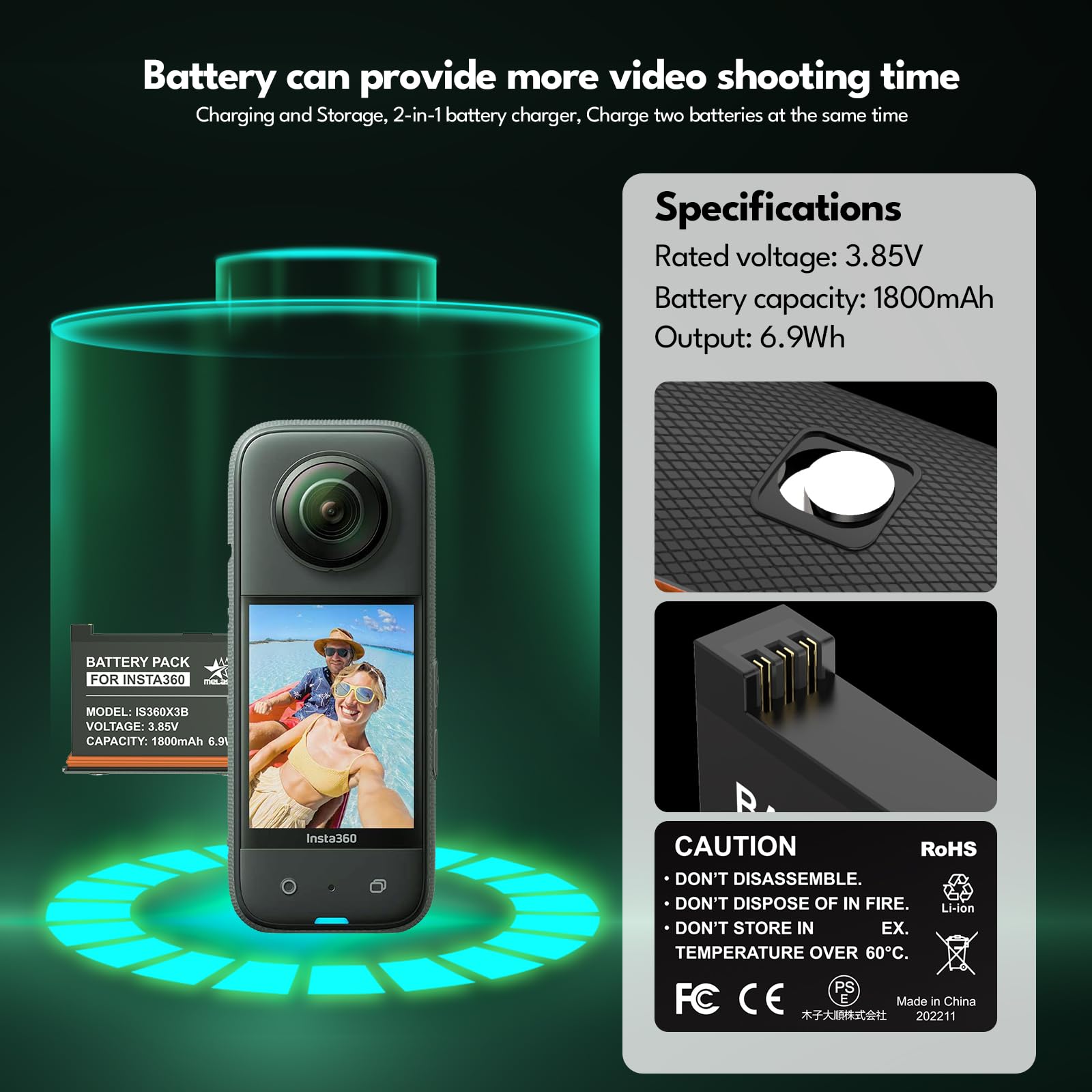 melasta Batteria agli ioni di Litio per Insta360 X3, 2 Batteria da 1800mAh con Caricabatterie a Doppio Slot, Supporta L'archiviazione su Scheda SD