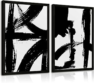 Black and White Wall Art Abstract Modern Painting Minimalist Line Canvas Wall Art Decor Black And White Poster Abstract Artwork Prints for Living Room Bedroom 12x16 Inch Wood Framed Set of 2