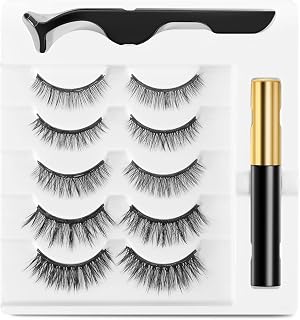 Magnetic Eyelashs, Larbois 5 Paires Magnetic Eyelashes Natural Look with Eyeliner Kit, Self Adhesive＆Reusable Fluffy Fake Eyelashes Set and Waterproof&Long Lasting Magnetic Eyeliner, No Glue Needed