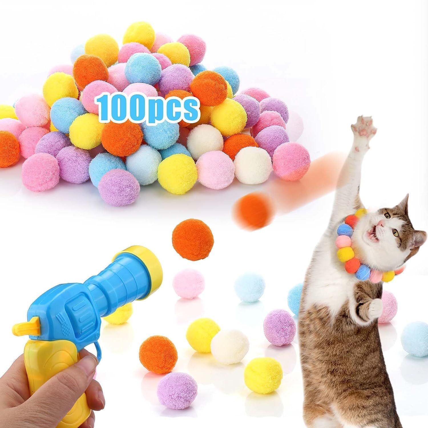 Kitten Toys, Interactive Cat Toys, 100 Cat PomPoms Balls & 2 Cat Toy Launcher , Cat Toys for