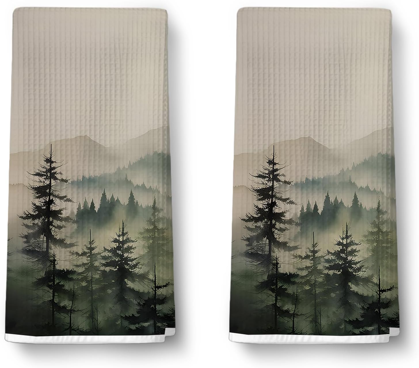2 Pack Watercolor Forest Mountain Bathroom Hand Towels - Green Forest Waffle Bath Hand Towel Decorative for Summer Kitchen Towels, Spring Bathroom Decor, Nature Gifts for Nature Lovers