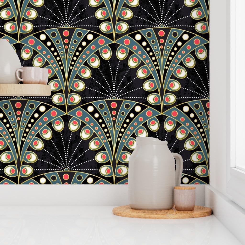 Removable Wallpaper 3ft x 2ft - Art Deco Peacock Feathers Black Teal Gold Geometric Abstract Custom Pre-Pasted Wallpaper by Spoonflower