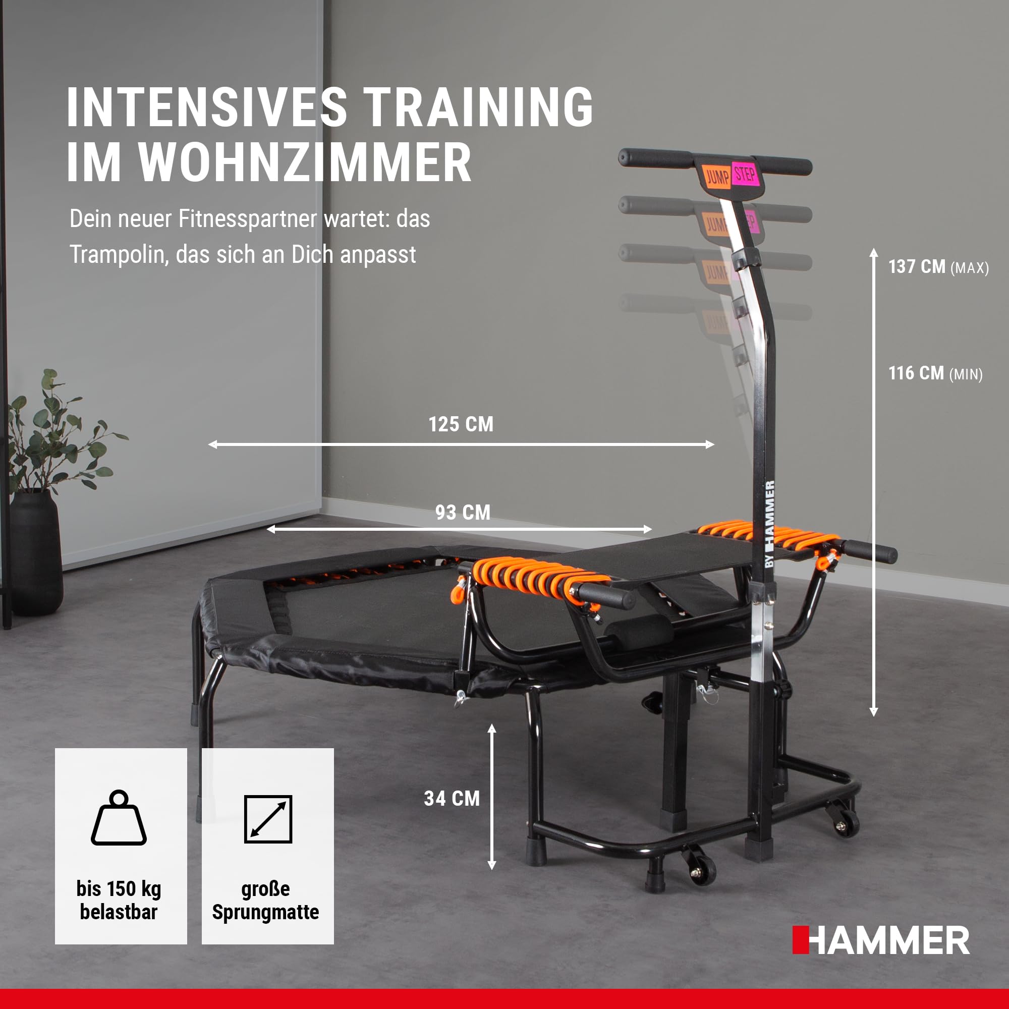 HAMMER Fitness-Trampolin JumpStep, Flexibles & gelenkschonendes Step-Board, aufstellbar, intensives Po- und Beinmuskeltraining, patentierte Technik, mehrfach höhenverstellbarer Haltegriff