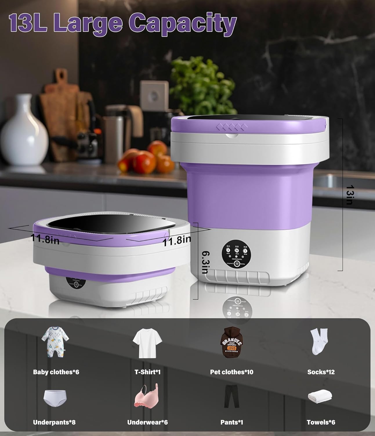 13L Portable Washing Machine, Mini Portable Washer with Spin Dryer, 3 Modes Deep Cleaning for Baby Clothes Socks Underwear or Small Items, small Washing Machine suitable for Apartment,RV Travel Purple