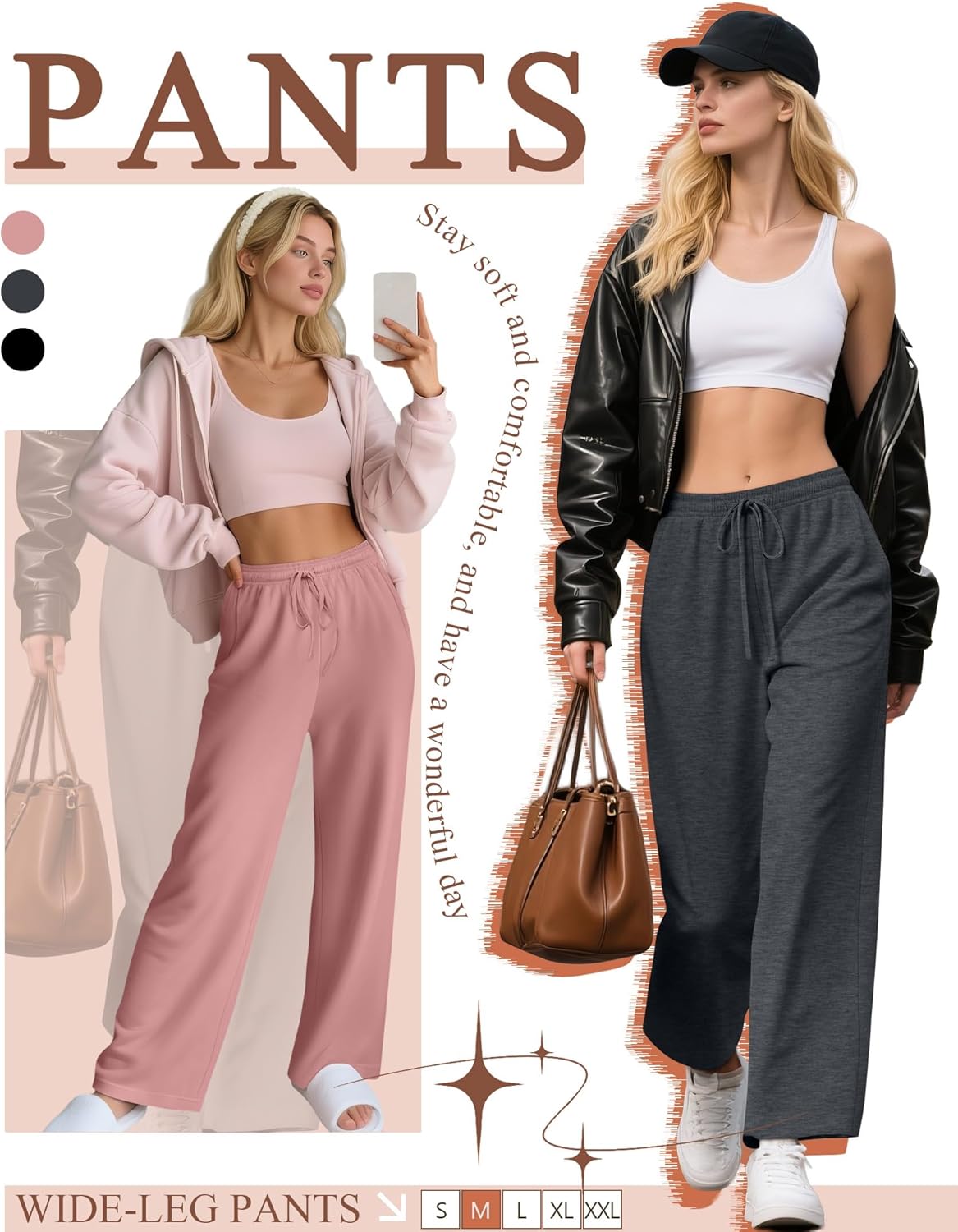 Neer 3 Pack Women's Drawstring Pants Casual Wide Leg Lounge Yoga Sweatpants Loose Comfy Palazzo with Pockets - Image 2