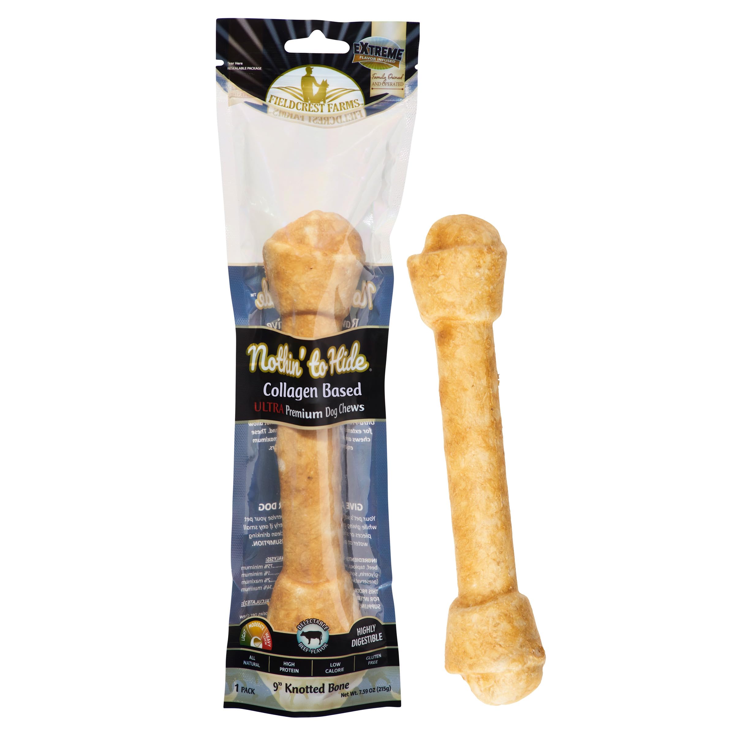 Nothin' to Hide 9-inch Ultra Knotted Bone Treat - Natural Rawhide Alternative Treats for Dogs, Collagen Based Snack for Heavy Chewers Over 50lbs - Beef Flavor, 1 Pack