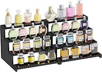 Lifewit 4 Tier Black Display Risers Stand, Plastic Perfume Organizer Cologne Display Stand, for Makeups, Figures, Cupcake, Dessert, Spice, Fragrance, Countertop, Vanity, Dresser, 2 Pack